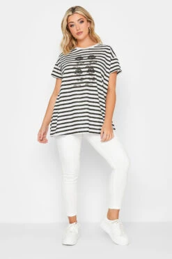 YOURS Curve Black Stripe Rose Print T-Shirt
