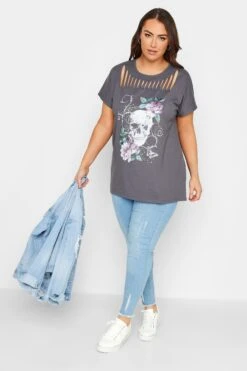 YOURS Curve Grey Skull Print Distressed T-Shirt