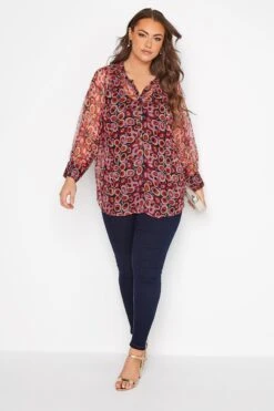 YOURS Curve Black & Red Retro Swirl Print Balloon Sleeve Shirt