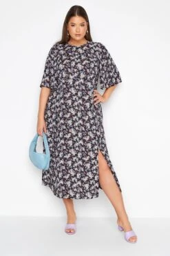 YOURS Curve Black Ditsy Print Side Split Midi Dress