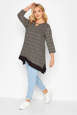 YOURS Curve Black Butterfly Print Notch Neck Hanky Hem Top