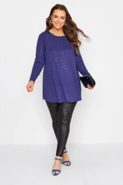 YOURS Curve Blue Embellished Long Sleeve Swing Top