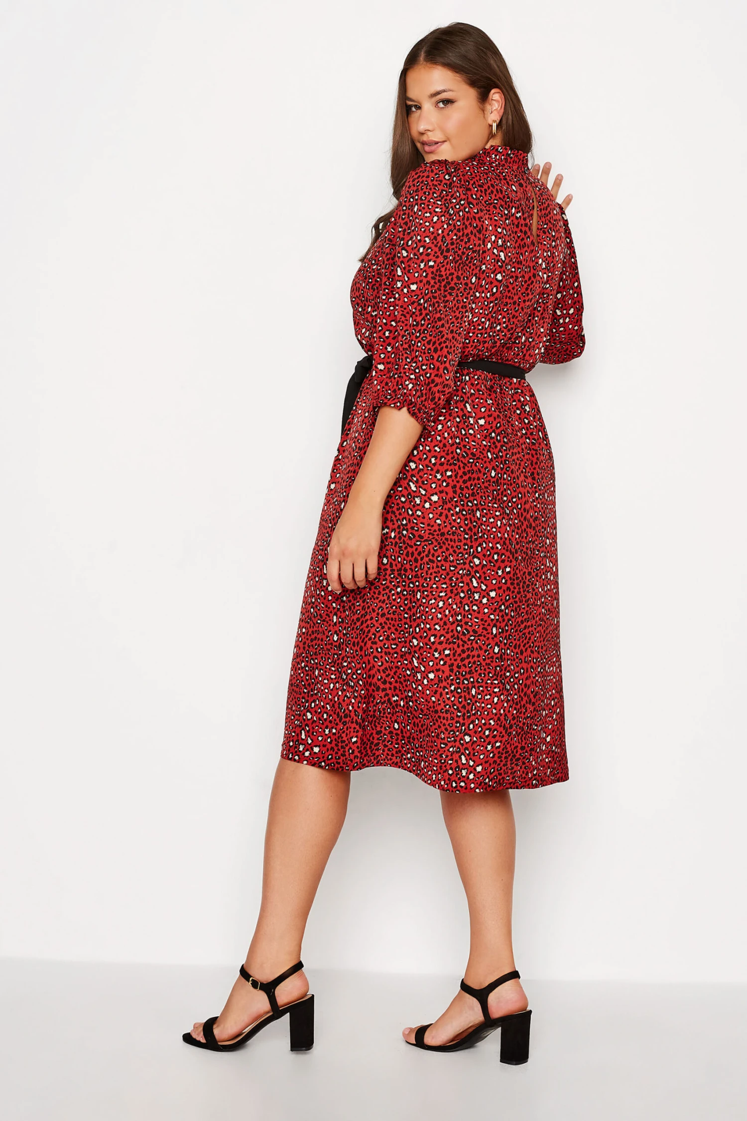 YOURS LONDON Curve Red Animal Print Ruffle Neck Dress - Image 2
