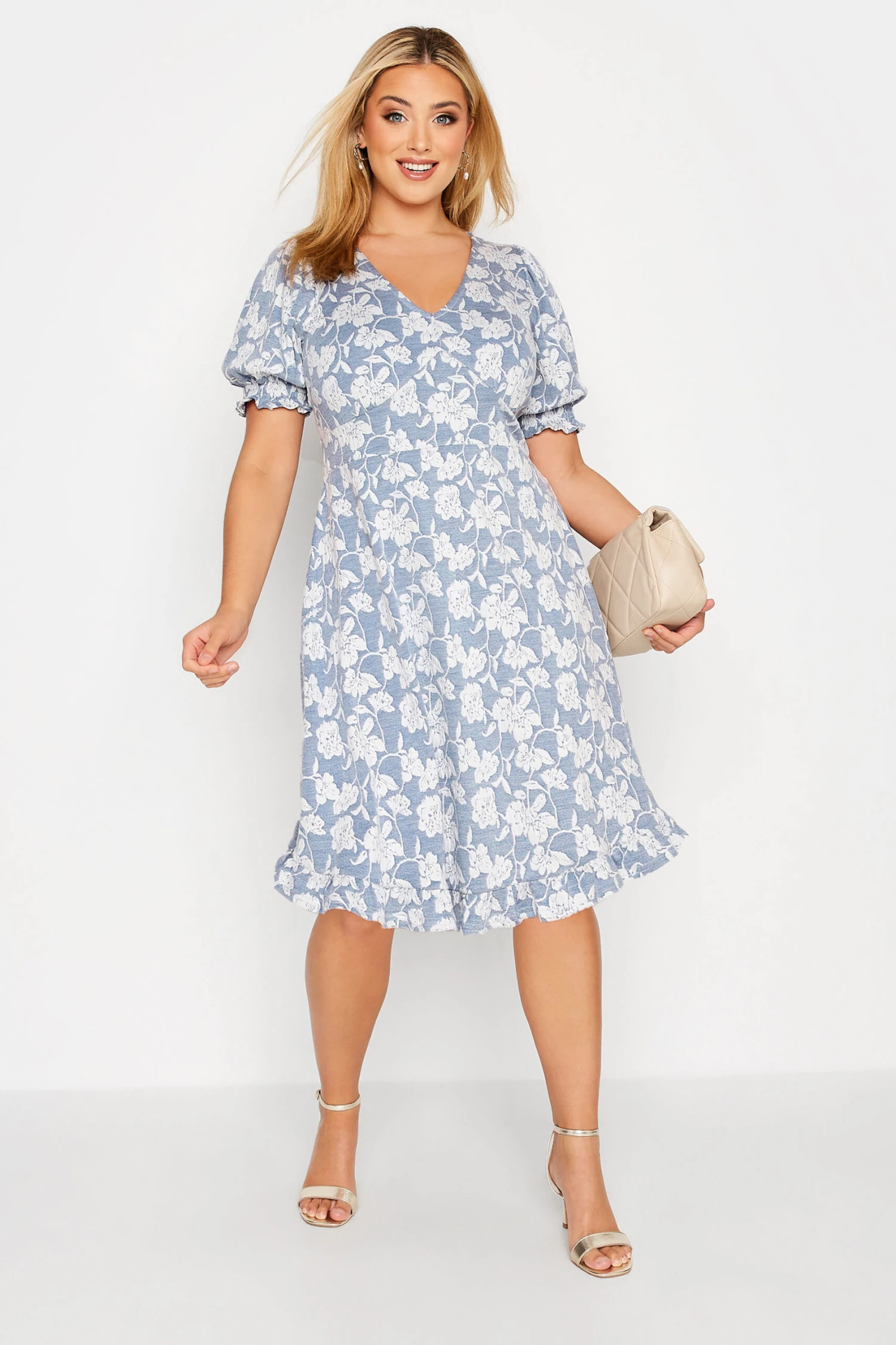 YOURS Curve Blue Floral V-Neck Midi Dress