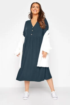 LIMITED COLLECTION Curve Navy Blue Ribbed Peplum Midi Dress