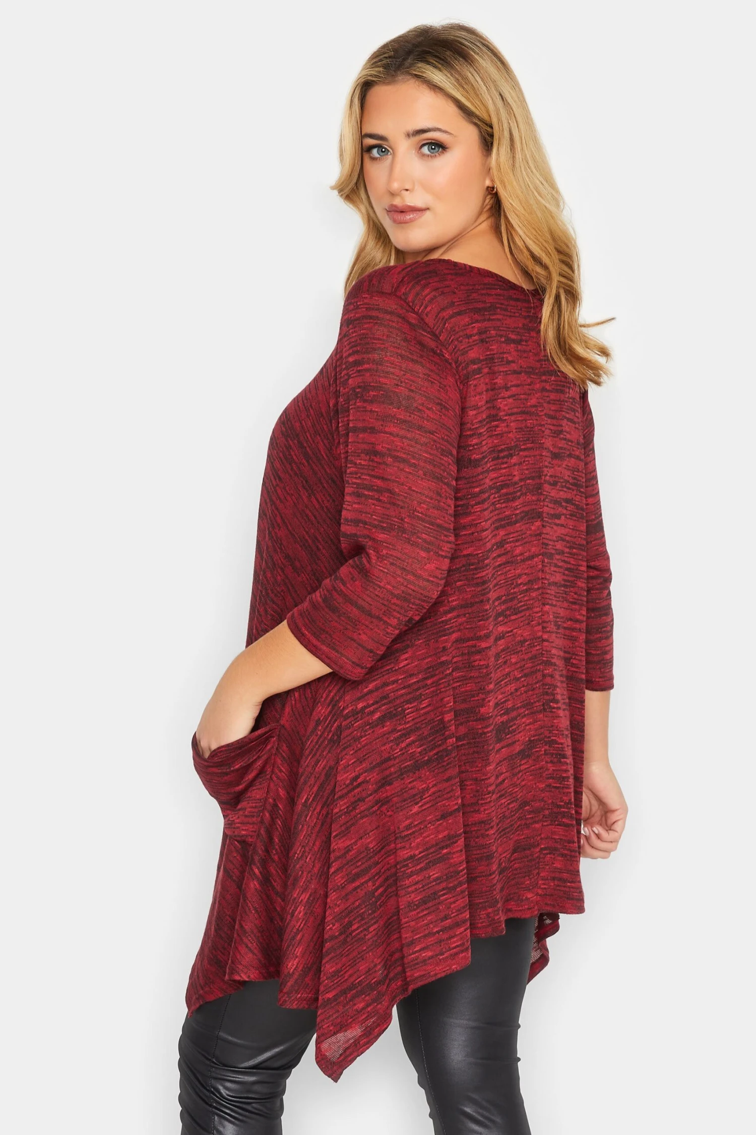 YOURS Curve Red & Black Marl Pocket Hanky Hem Top - Image 2