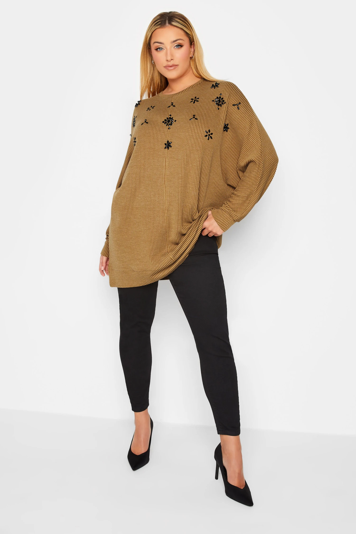 YOURS LUXURY Curve Beige Brown Embellished Ribbed Soft Touch Top - Image 2