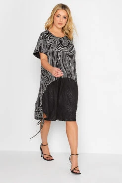 YOURS Curve Black Marble Print Mesh Front Dress