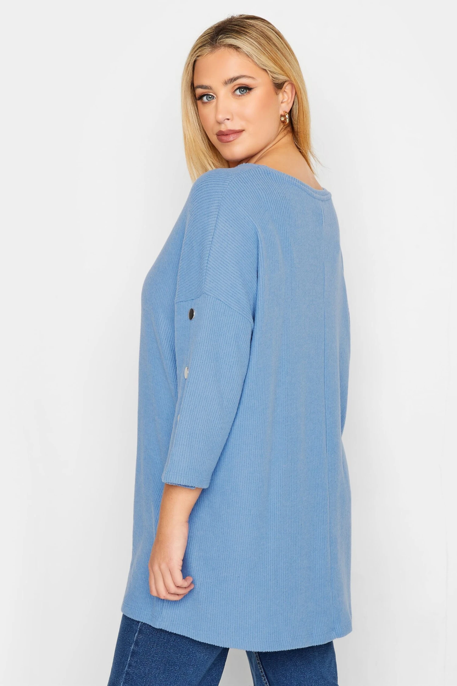 YOURS Curve Light Blue Long Sleeve Button Soft Touch Top - Image 2