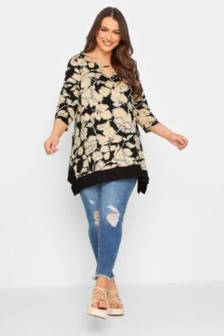 YOURS Curve Black & Beige Brown Floral Print Top