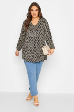 YOURS Curve Black Leaf Print Pleat Front Top