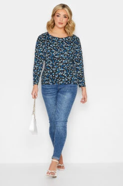 YOURS PETITE Curve Black Ditsy Print Long Sleeve Top