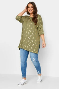 YOURS Curve Khaki Green Pineapple Foil Print T-Shirt
