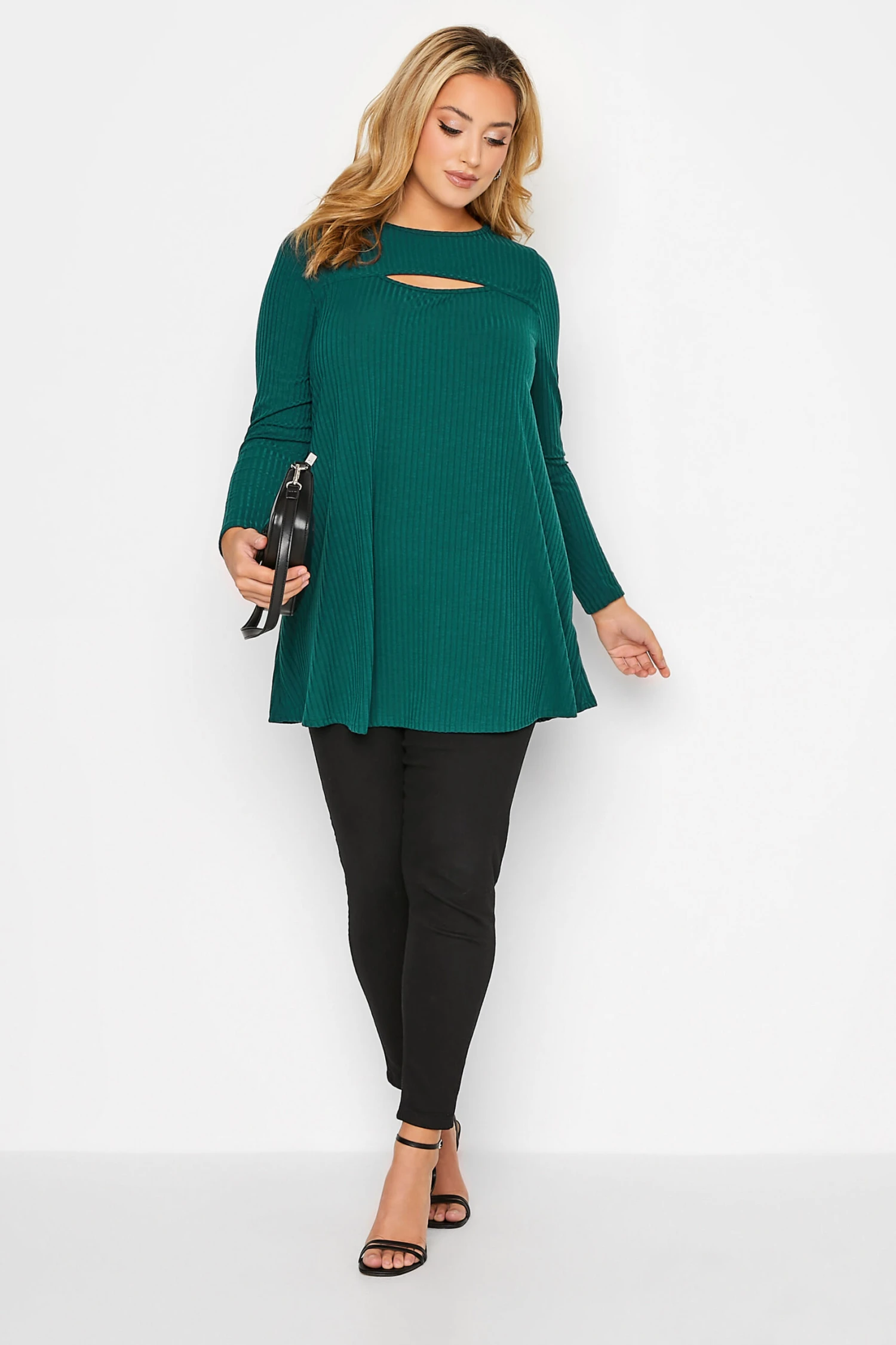 YOURS Curve Forest Green Ribbed Cut Out Long Sleeve Top
