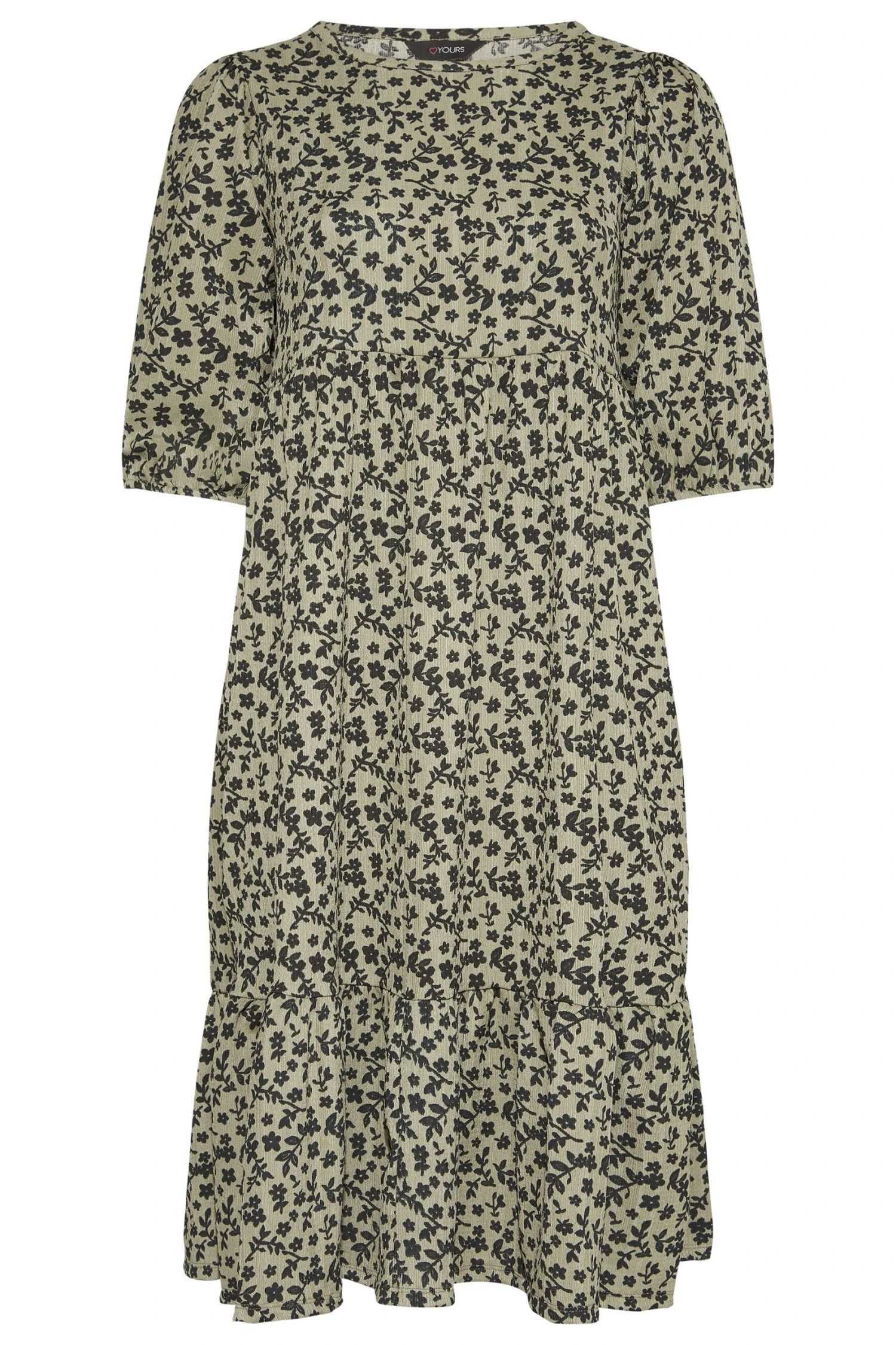 YOURS Curve Khaki Green Floral Print Tiered Midi Dress - Image 5