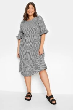 YOURS Curve Black Gingham Textured Smock Midi Dress