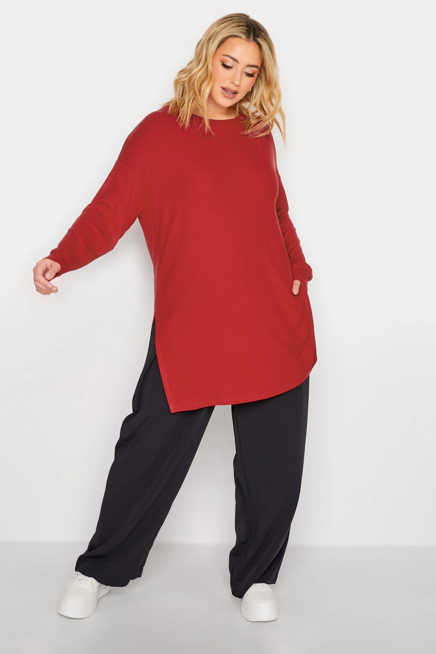 YOURS Curve Red Ribbed Split Hem T-Shirt
