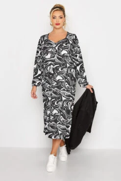 LIMITED COLLECTION Curve Black Swirl Print Ruched Midi Dress