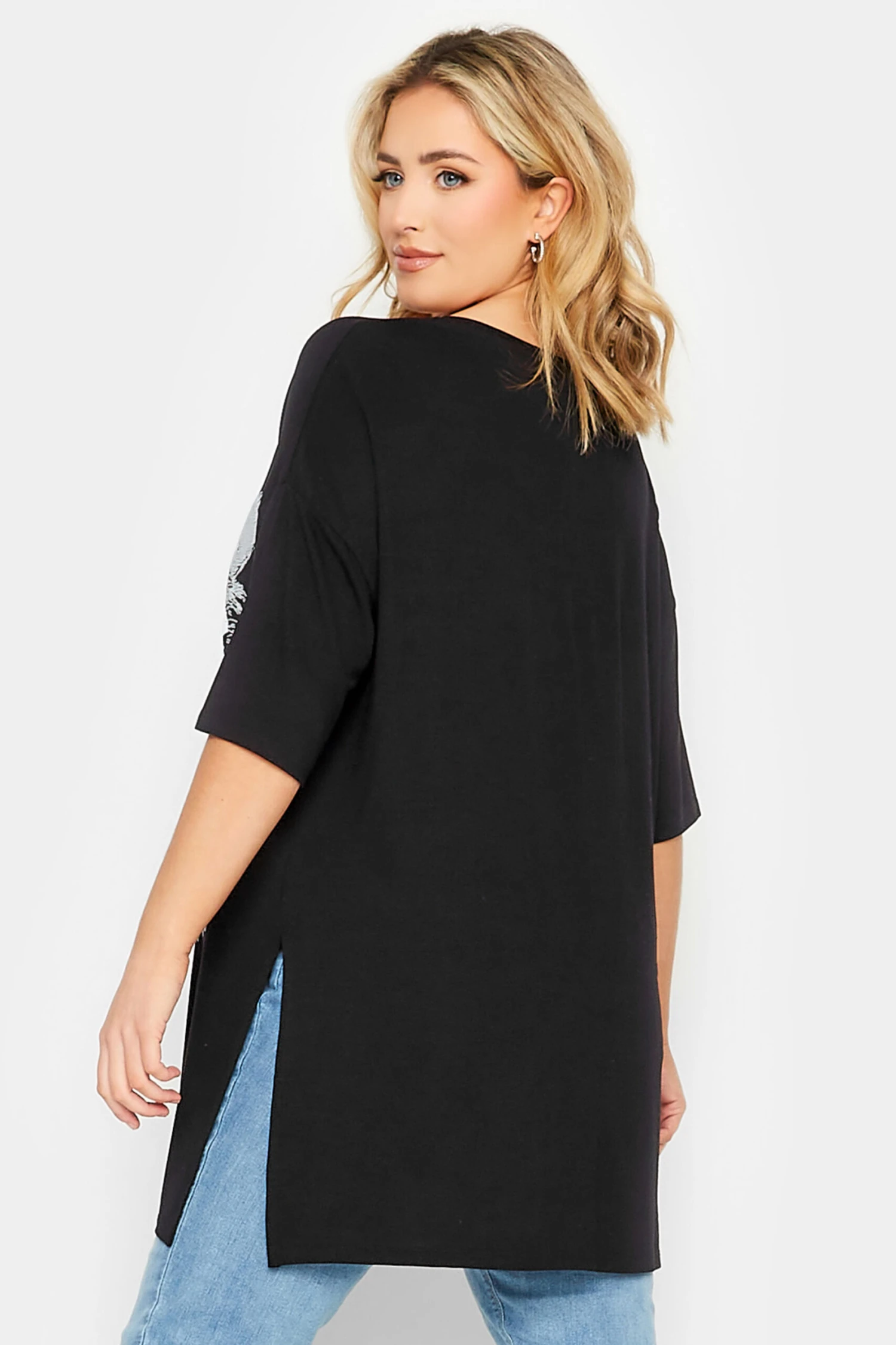 YOURS Curve Black & White Tiger Print Split Hem T-Shirt - Image 2