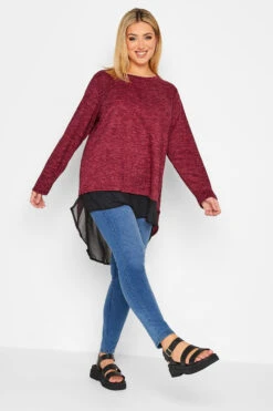 YOURS Curve Red Mesh Hem Soft Touch Top