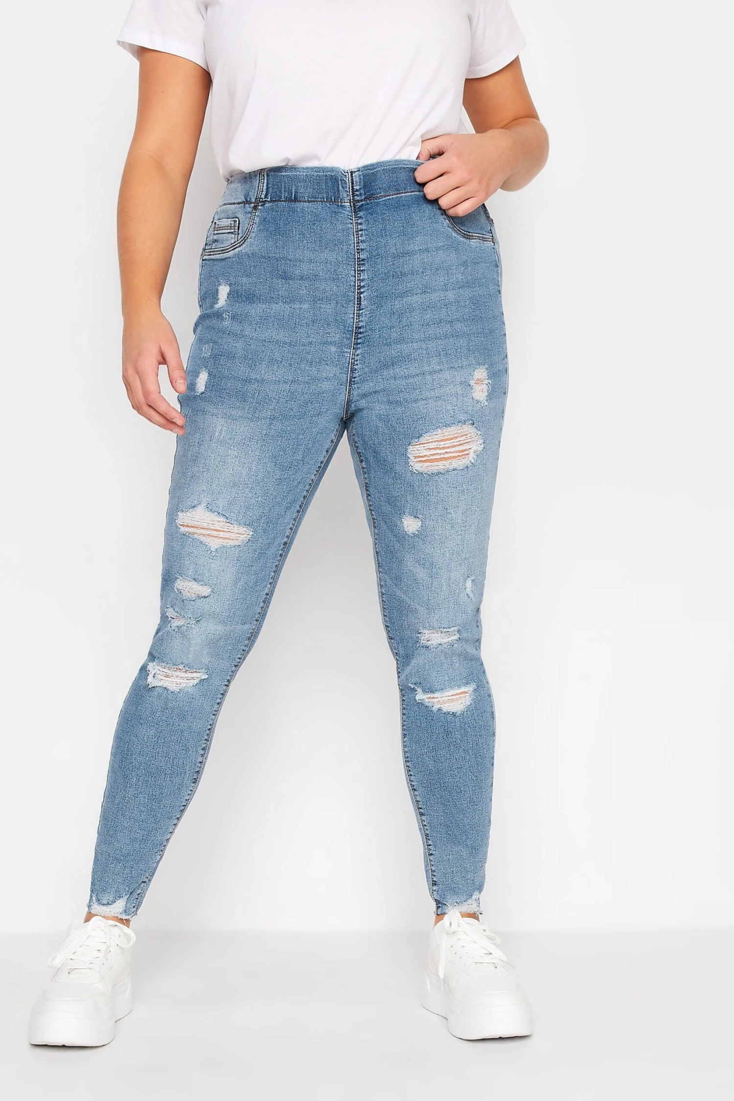 YOURS FOR GOOD Curve Mid Blue Extreme Ripped Stretch JENNY Jeggings - Image 3