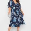 YOURS LONDON Blue Floral Angel Sleeve Wrap Dress
