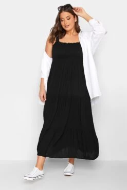 YOURS Curve Black Shirred Strappy Midi Dress