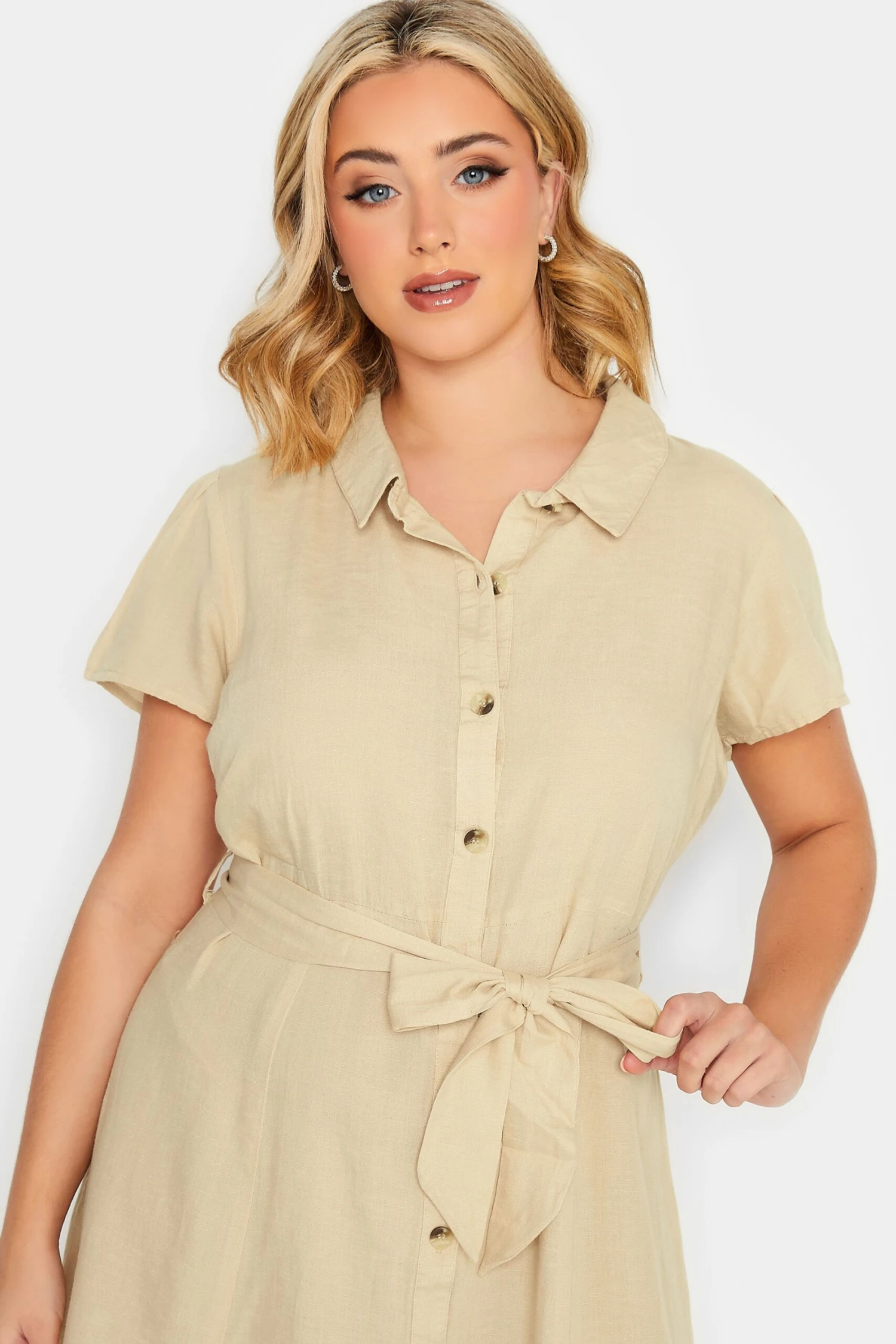 YOURS PETITE Curve Stone Brown Linen Blend Button Through Dress - Image 3