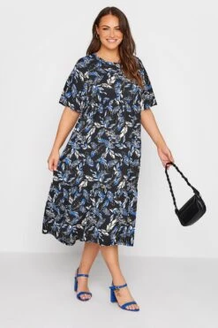 YOURS Curve Black Floral Print Tiered Midi Dress