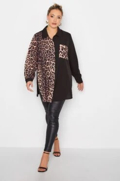 YOURS LONDON Curve Black Leopard Print Half & Half Shirt