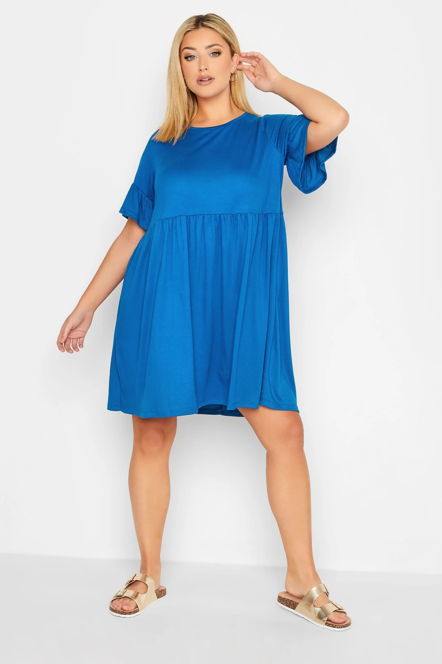 YOURS Curve Cobalt Blue Frill Sleeve Smock Dress