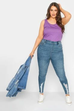 YOURS Curve Mid Blue Distressed Hem GRACE Jeggings