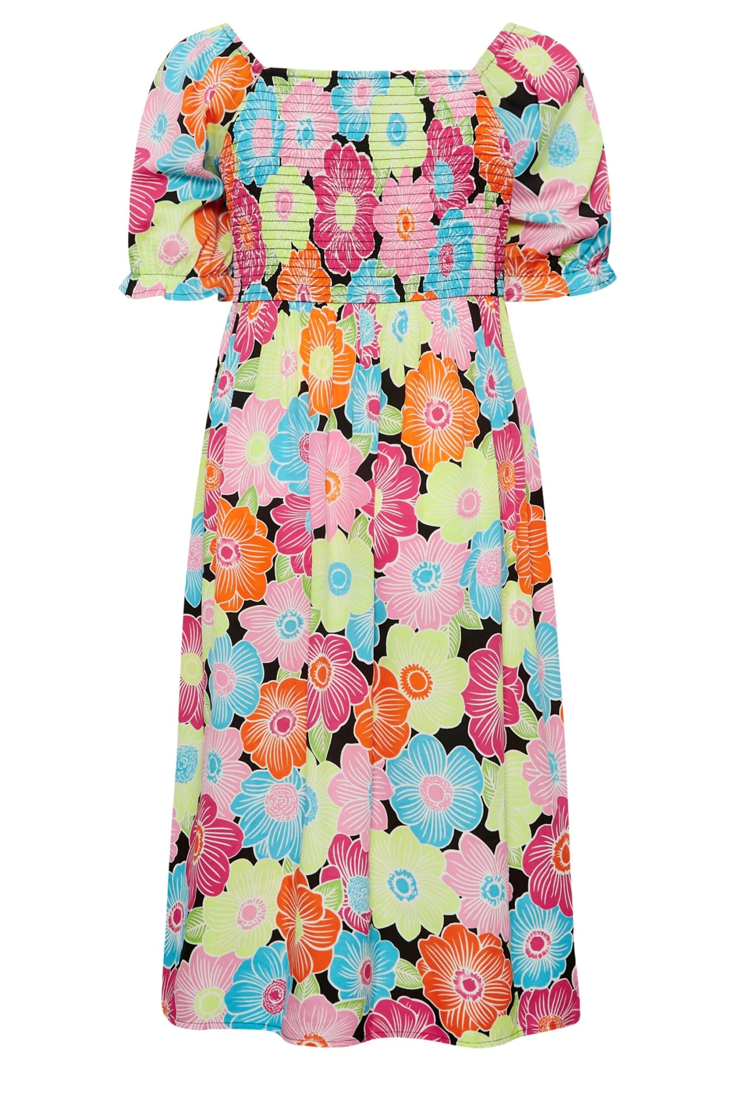 YOURS Curve Pink & Blue Floral Print Shirred Midi Dress - Image 5