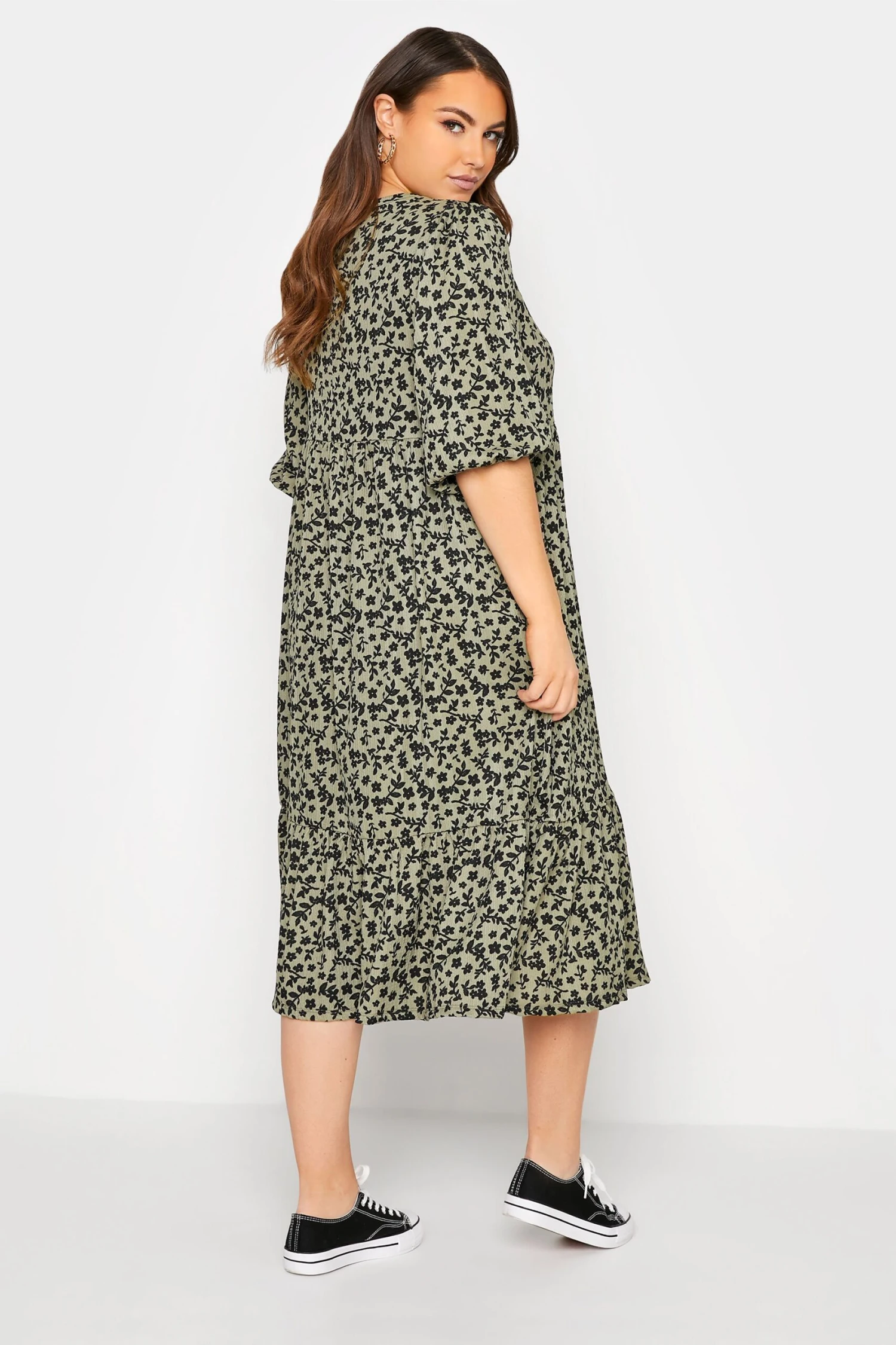YOURS Curve Khaki Green Floral Print Tiered Midi Dress - Image 2