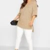 YOURS Curve Beige Brown Textured V-Neck Top