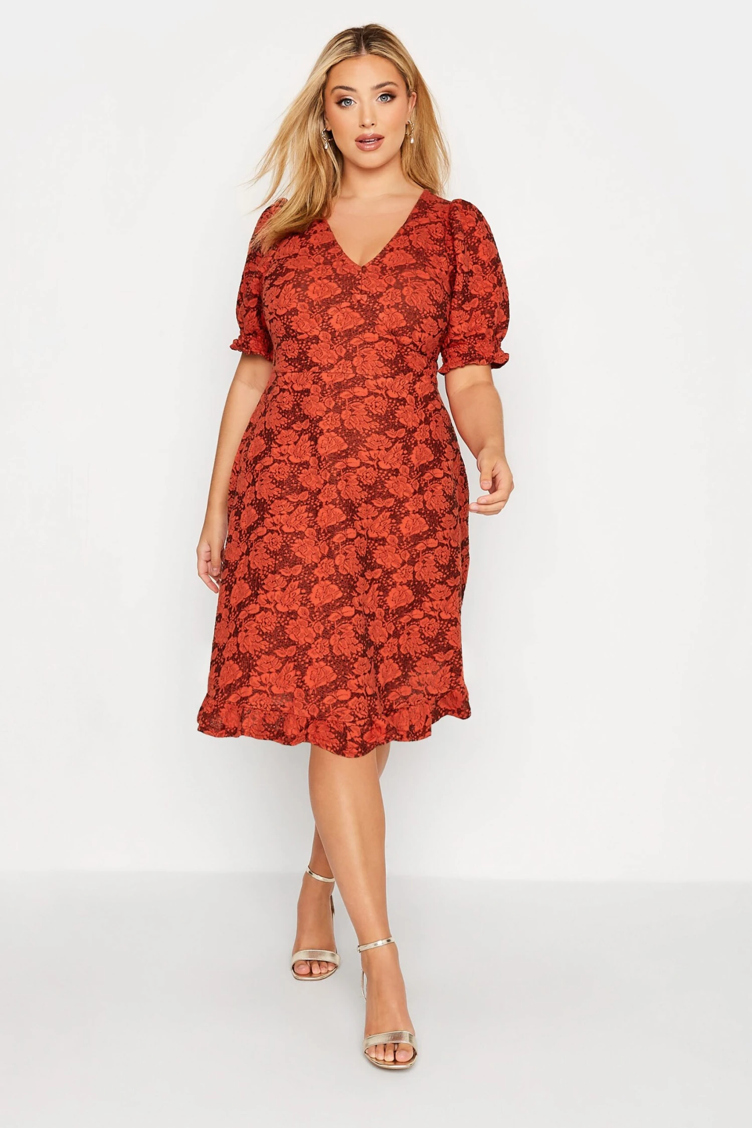YOURS Curve Red Floral V-Neck Midi Dress