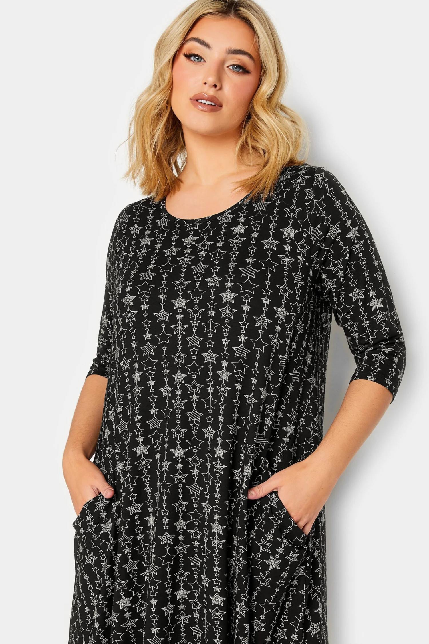 YOURS Curve Black Star Print Drape Pocket Mini Dress - Image 3