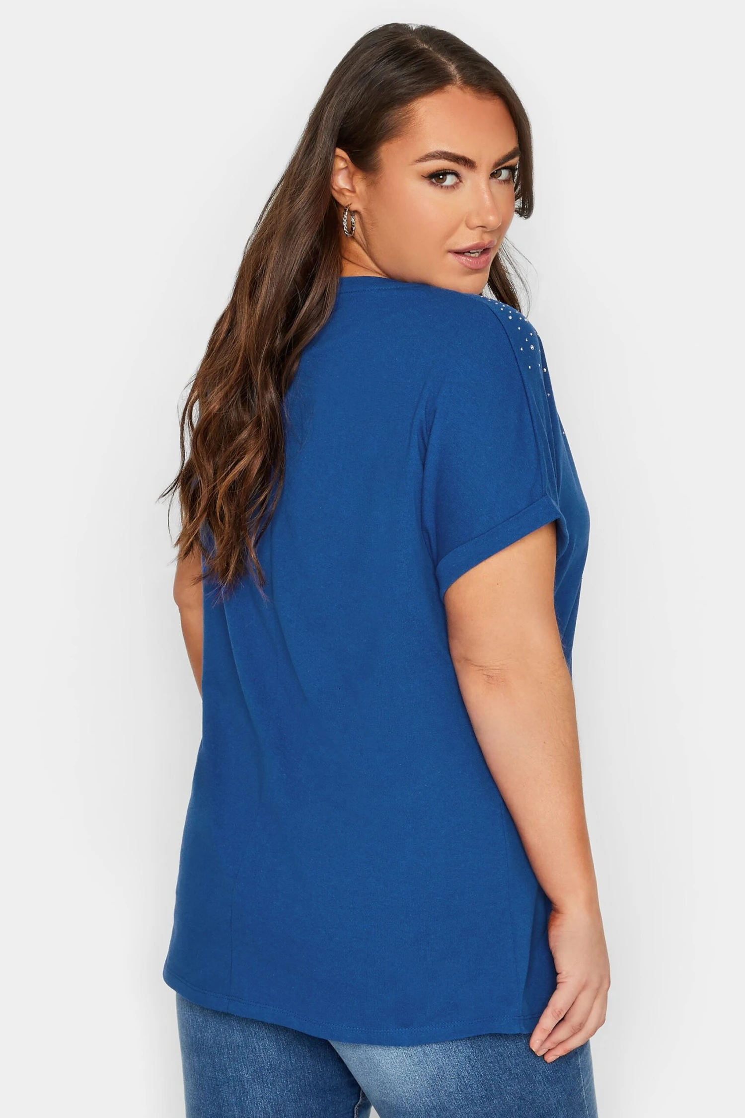 YOURS Curve Cobalt Blue Embellished Neck T-Shirt - Image 2