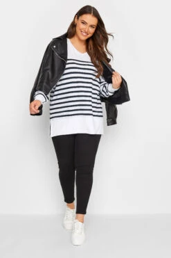 YOURS Curve White Stripe Long Sleeve Top