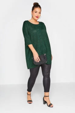 Curve Green Glitter Drop Shoulder Knitted Top