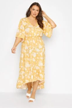 YOURS Curve Yellow Floral Print High Low Midi Dress