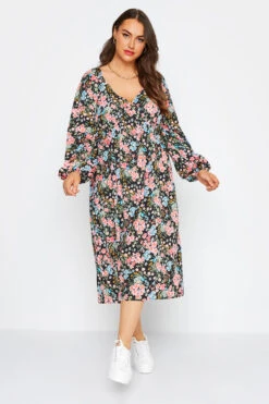 LIMITED COLLECTION Curve Black Floral Balloon Sleeve Midi Dress