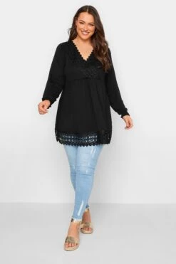 YOURS Curve Black Crochet Trim Tunic Top