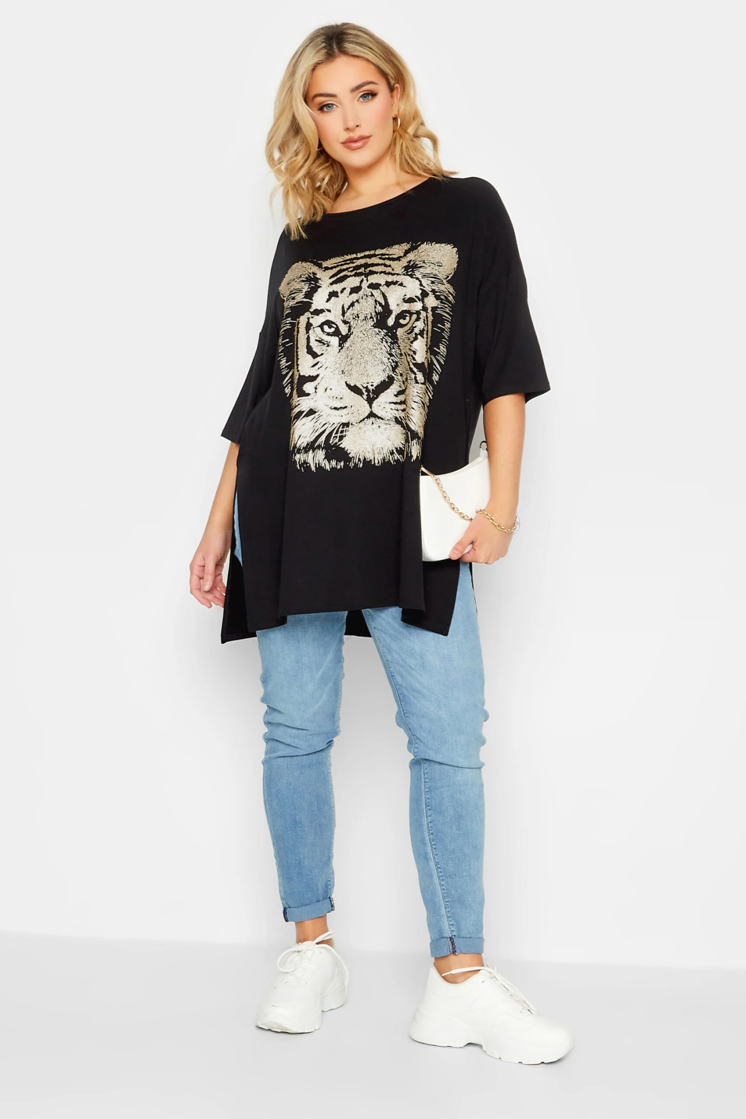 YOURS Curve Black & Gold Glitter Tiger Print Split Hem T-Shirt