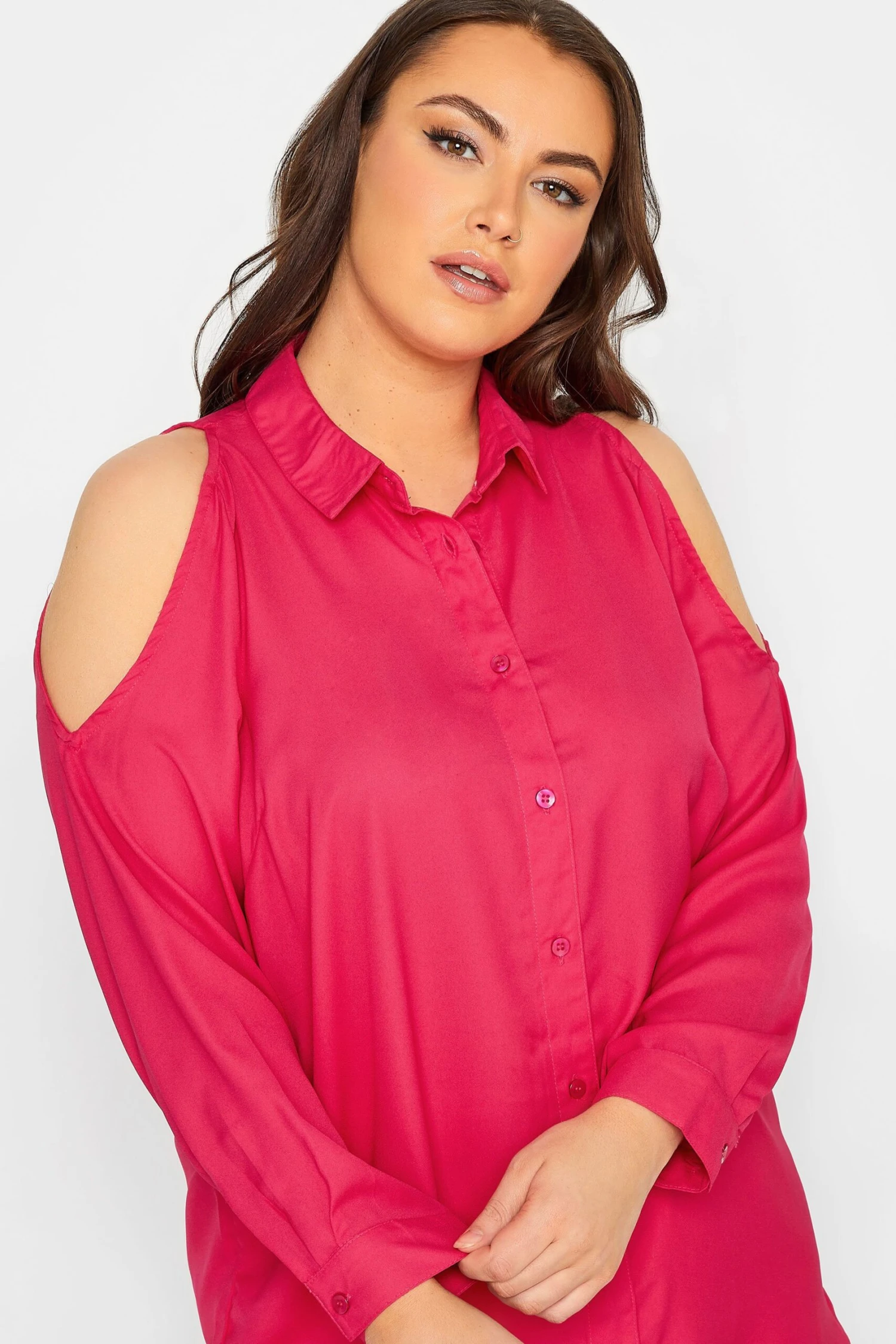 YOURS Curve Hot Pink Cold Shoulder Shirt - Image 3