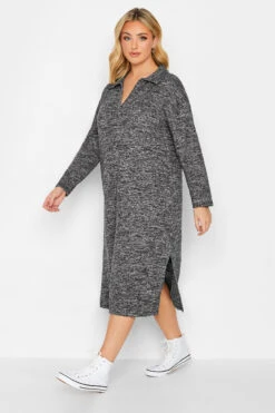 YOURS Curve Grey Textured Soft Touch Open Collar Midi Dress