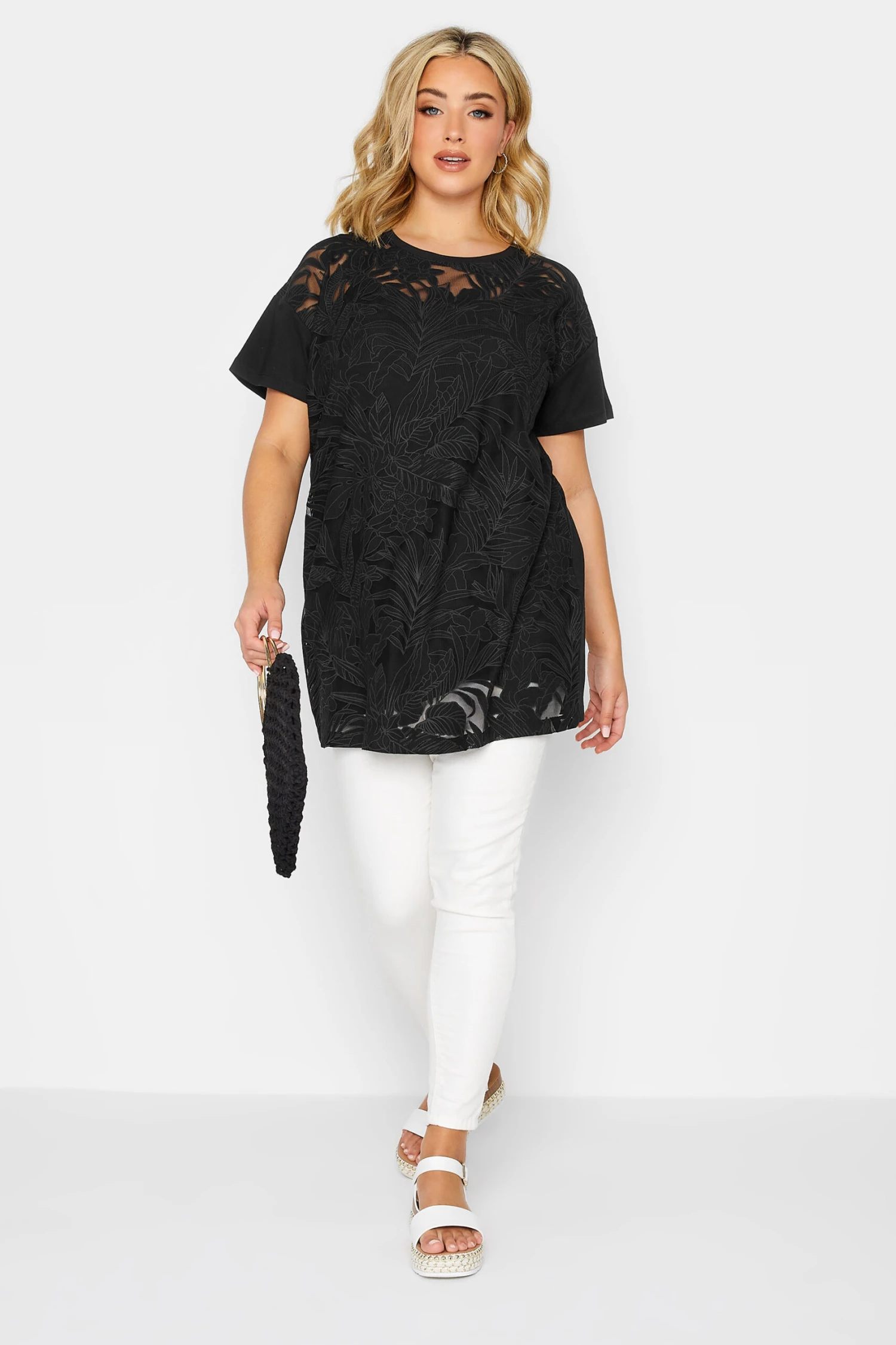 YOURS Curve Black Floral Mesh Front T-Shirt