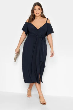 YOURS LONDON Curve Navy Blue Cold Shoulder Wrap Dress