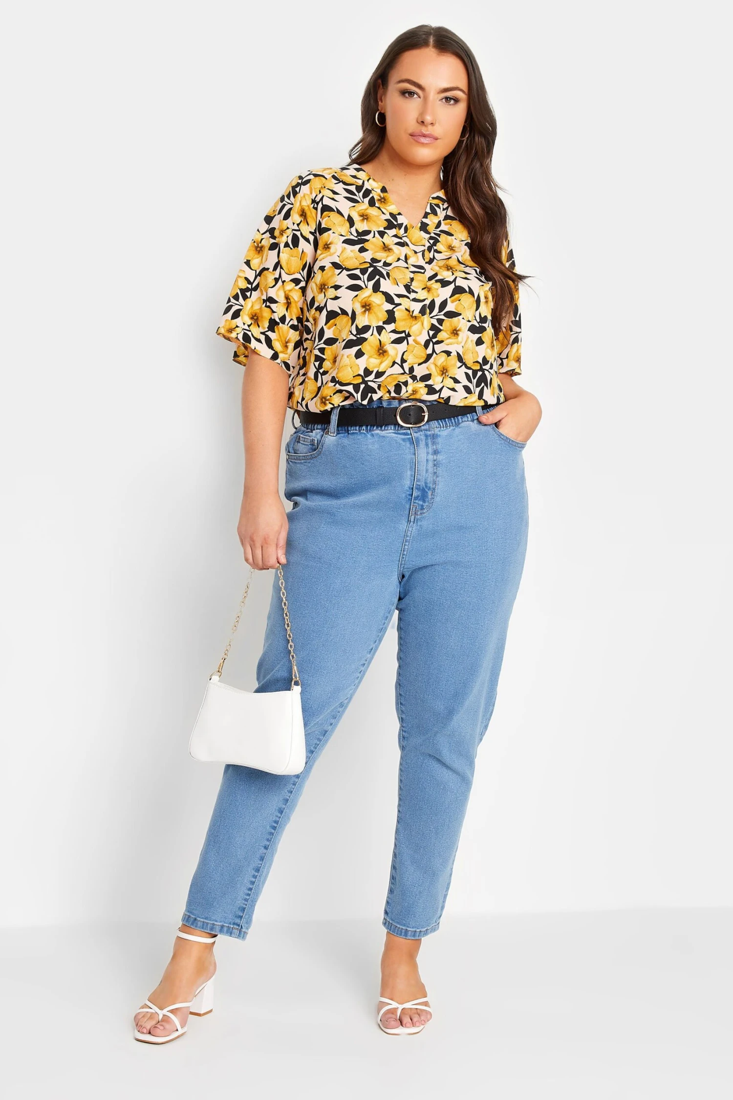 YOURS Curve Yellow Floral Print V-Neck Blouse