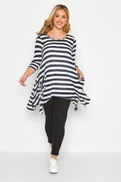 YOURS Curve Navy Blue & White Stripe Knit Hanky Hem Top
